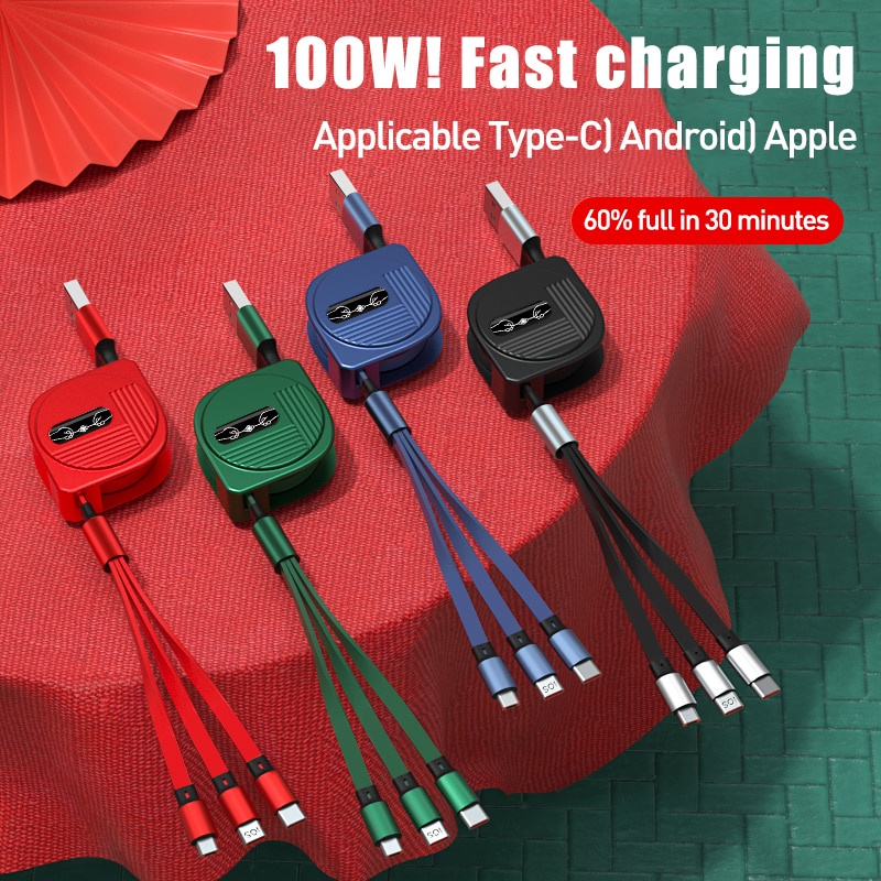 3 in 1 Kabel Charger USB Tipe C 6A 100W Retractable Portable Untuk iPhone