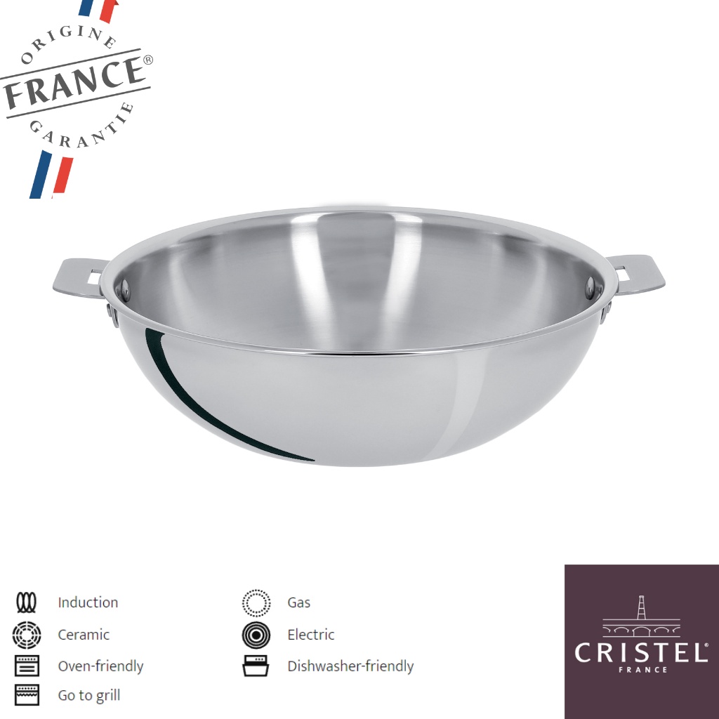 Cristel Stainless Wok Removable Casteline / Wajan Stainless 3Ply 24 Cm