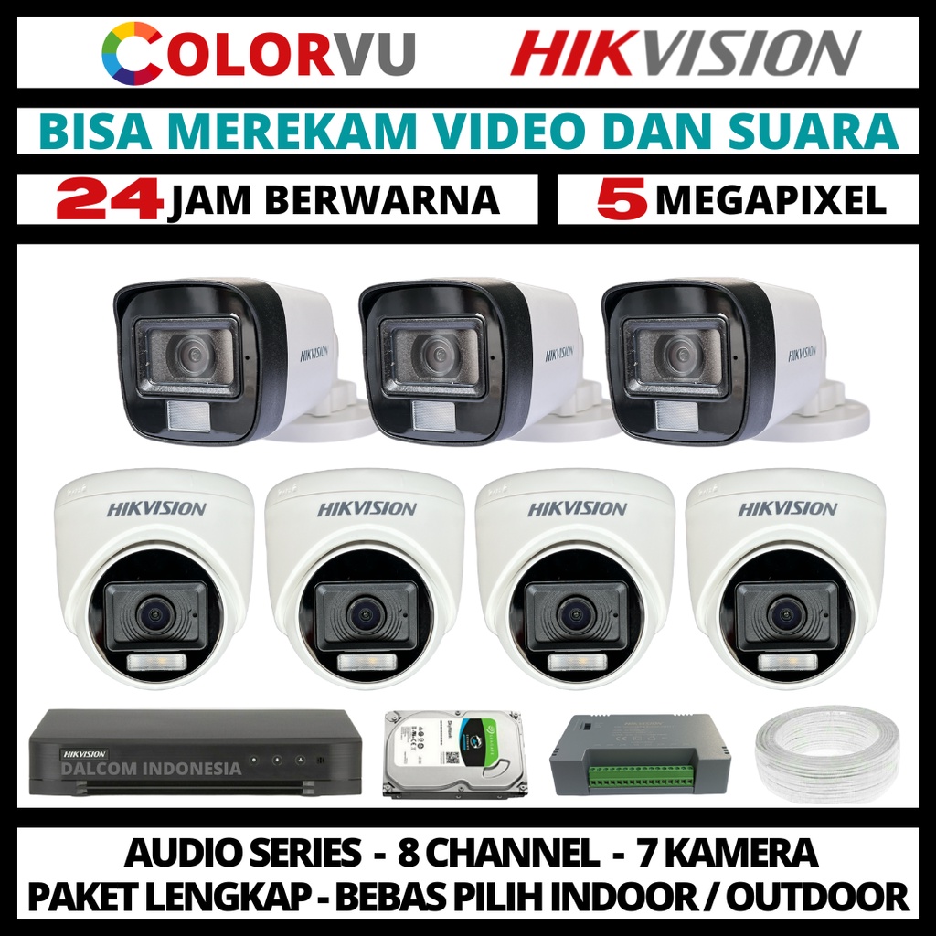 PAKET CCTV COLORVU HIKVISION 5MP 8 CHANNEL 7 CAMERA