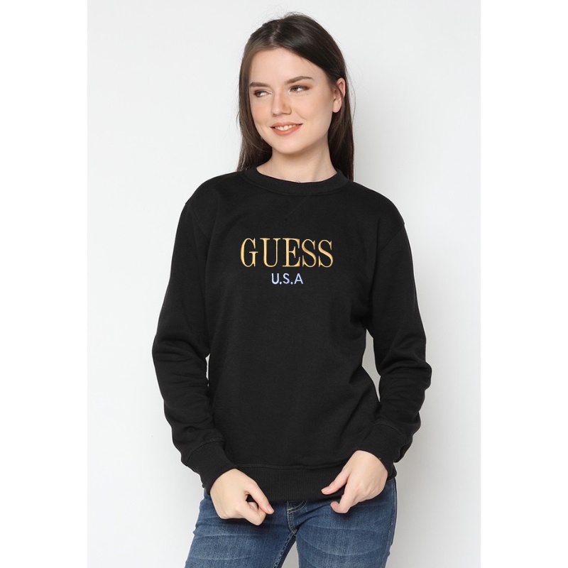 Sweater Crewneck Guess Bordir Cewek Premium- Black / Sweater Oversize