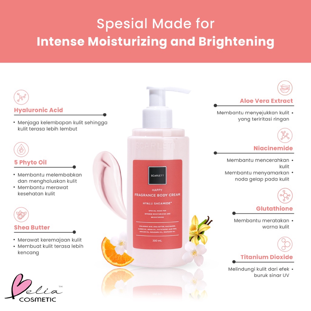 ❤ BELIA ❤ SCARLETT Whitening Body Cream 300ml | 4X More Moisturizing | Intense Moisturizing and Brightening | BPOM