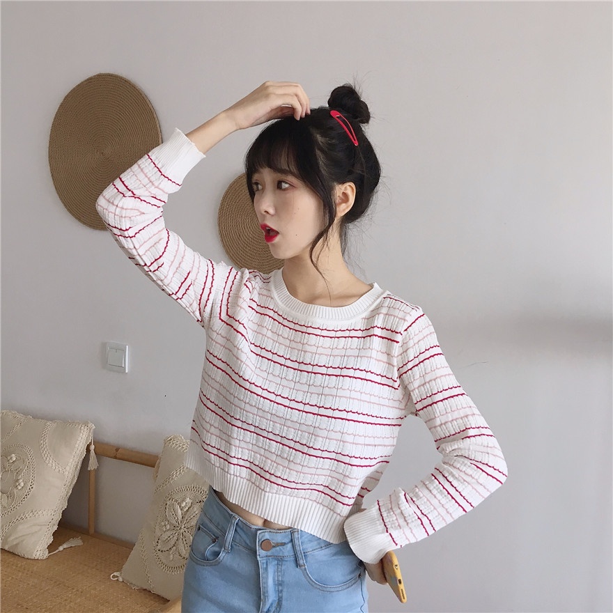 Crewneck Wanita Atasan Rajut Lengan Panjang Stripe Casueal Top Terbaru