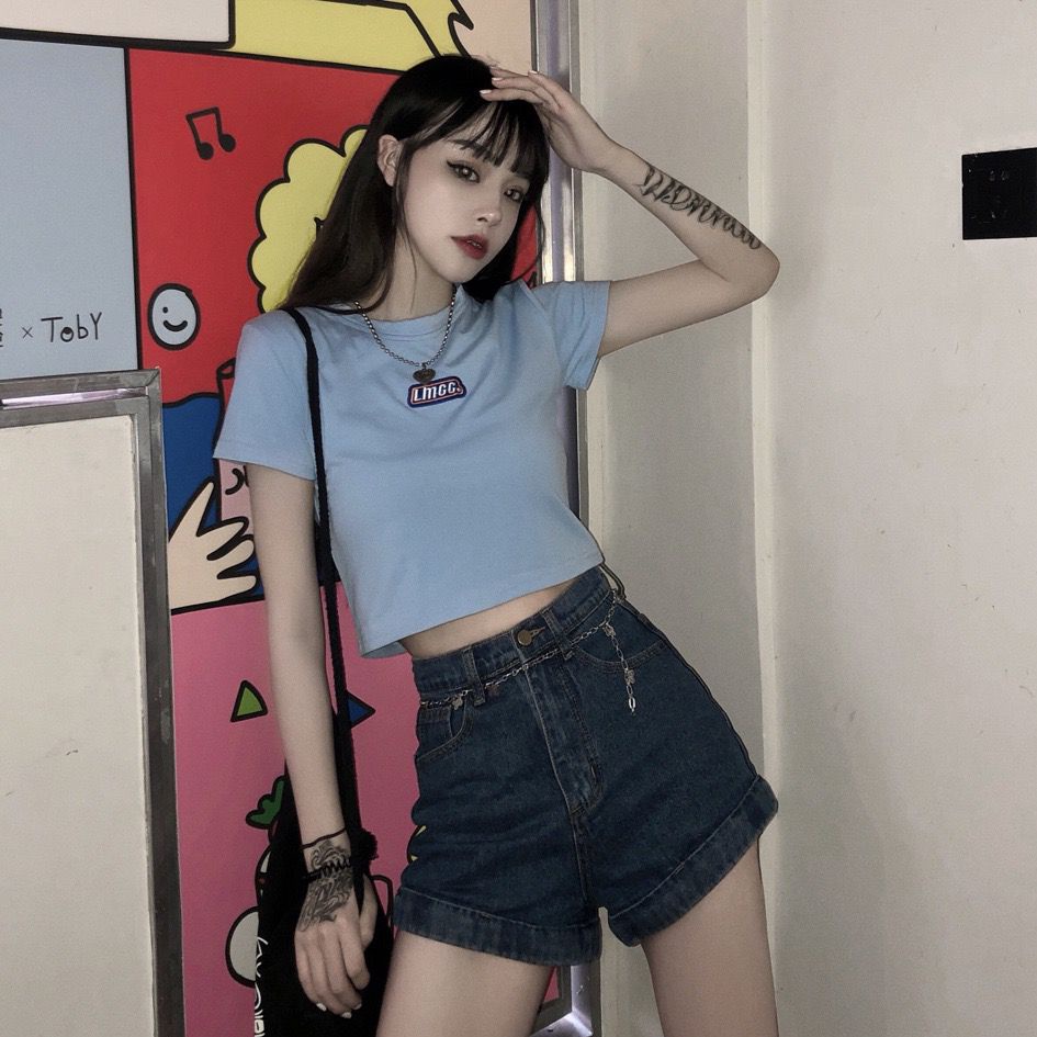 [littlecrab] Crop Top LMCC Swag Simple Polos Elegan Hitam Pink Biru Atasan Kaos Crop Polos Bordir Premium Berkualitas High Neck Swaggy Street Korean Style