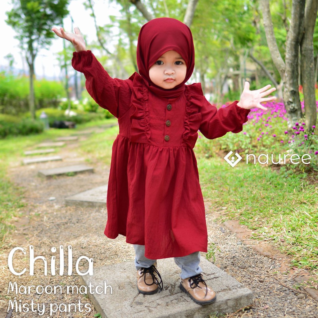 Nauree - Chilla Dress Anak Perempuan Bahan Rayon Crinckle Ukuran S M L Tidak Menerawang Tekstur Licin Halus Lembut Untuk Umur 1 2 3 4 5 6 Tahun Lengan Panjang Soft Premium Lembut Adem Dingin Nyaman