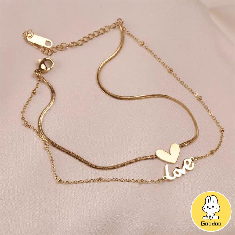 Gelang Kaki Titanium 2 Layer LOVEHuruf Hati Anti Karat Emas 18k Aksesoris Wanita Korea -Doo