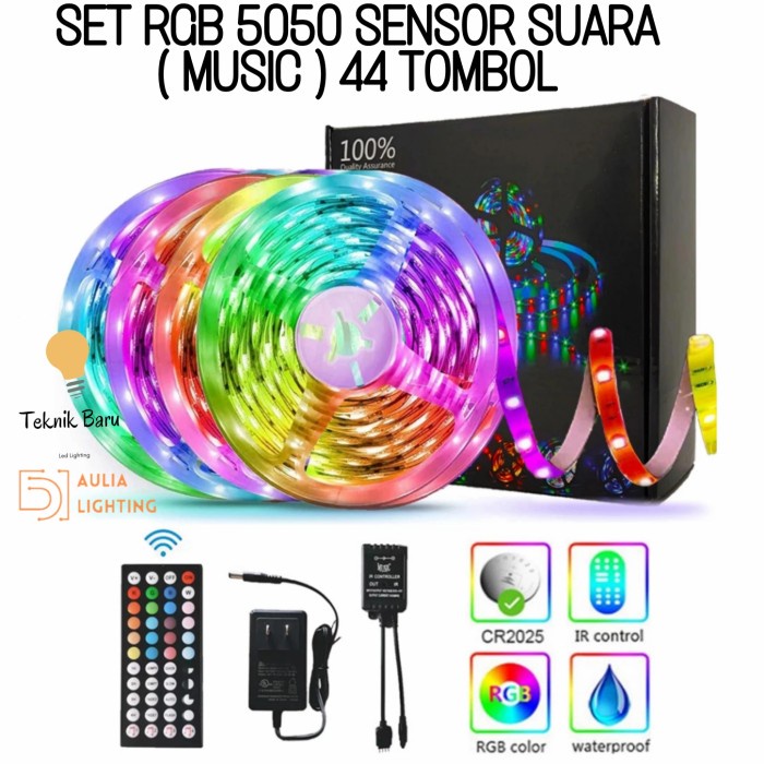 PROMO PAKET LAMPU LED STRIP RGB 5050 SENSOR SUARA MUSIC REMOTE 44 KEY 5M 10M - 5050 WATERPROOF, Full