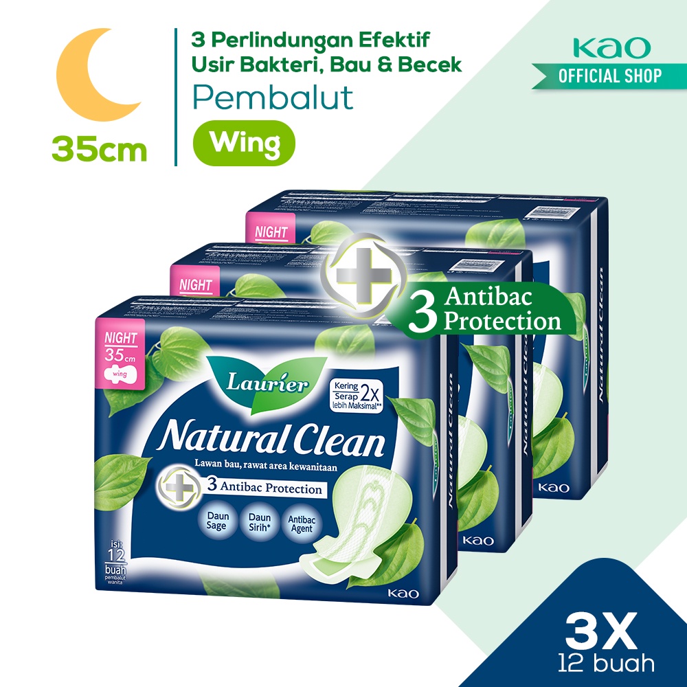 Laurier Natural Clean Pembalut Wanita Daun Sirih Anti Bakteri Night 35cm Wing - Bersih Alami Cegah Bau Isi 12 Buah Triple Pack