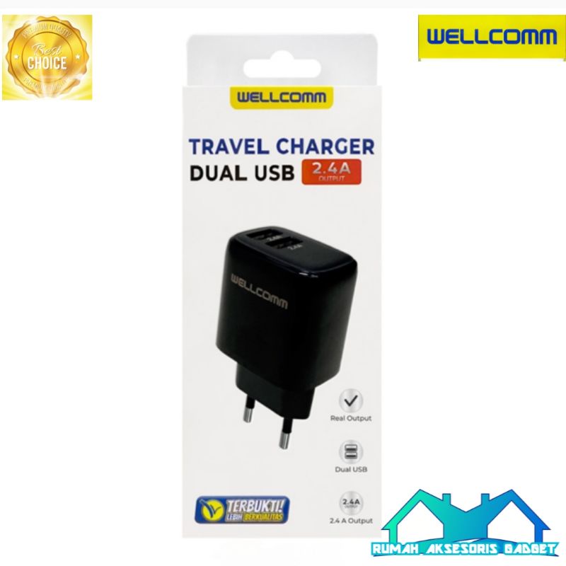 Travel Charger WELLCOMM DUAL USB Kabel Micro Type-C Real Output 2,4 A Original berkualitas