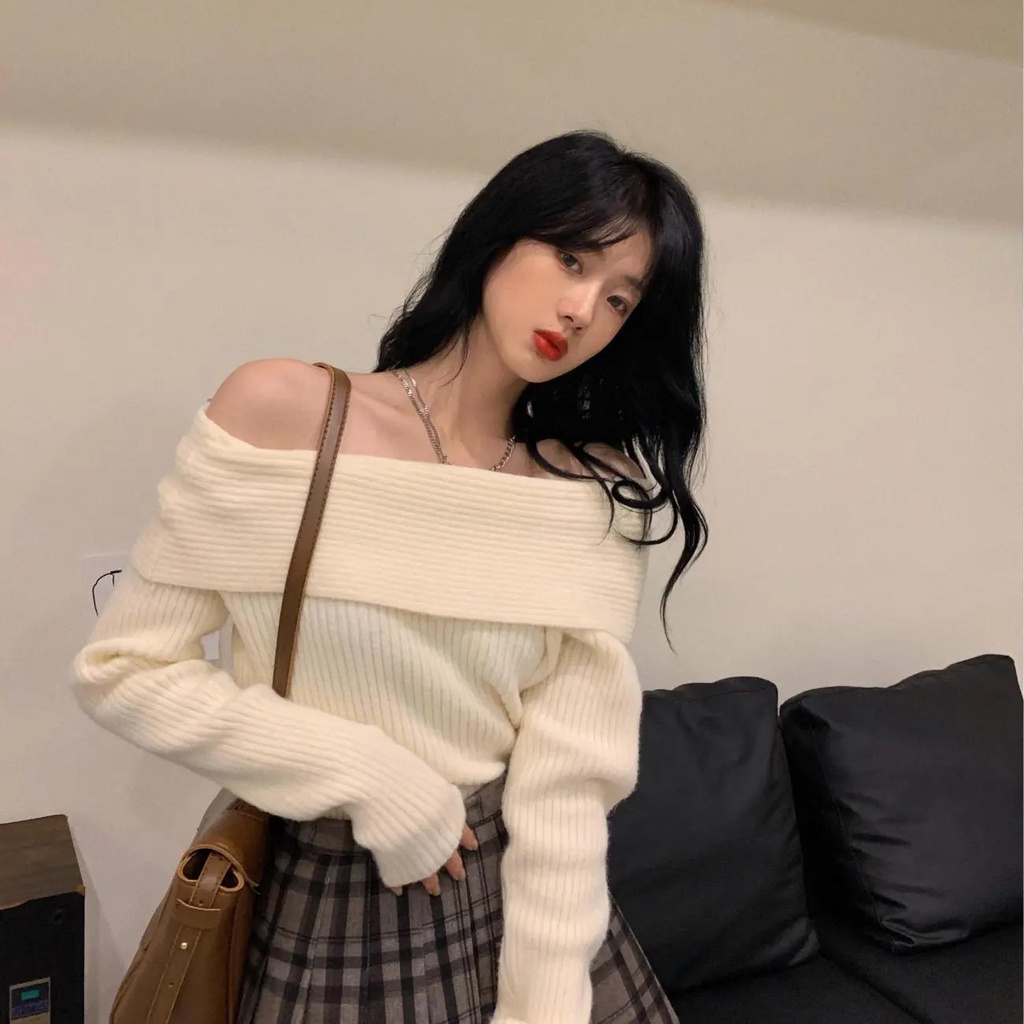 Suhao seksi off-the-shoulder satu-leher sweater wanita longgar gaya malas musim gugur dan musim dingin kualitas tinggi one-shoulder sweater pakaian rajut