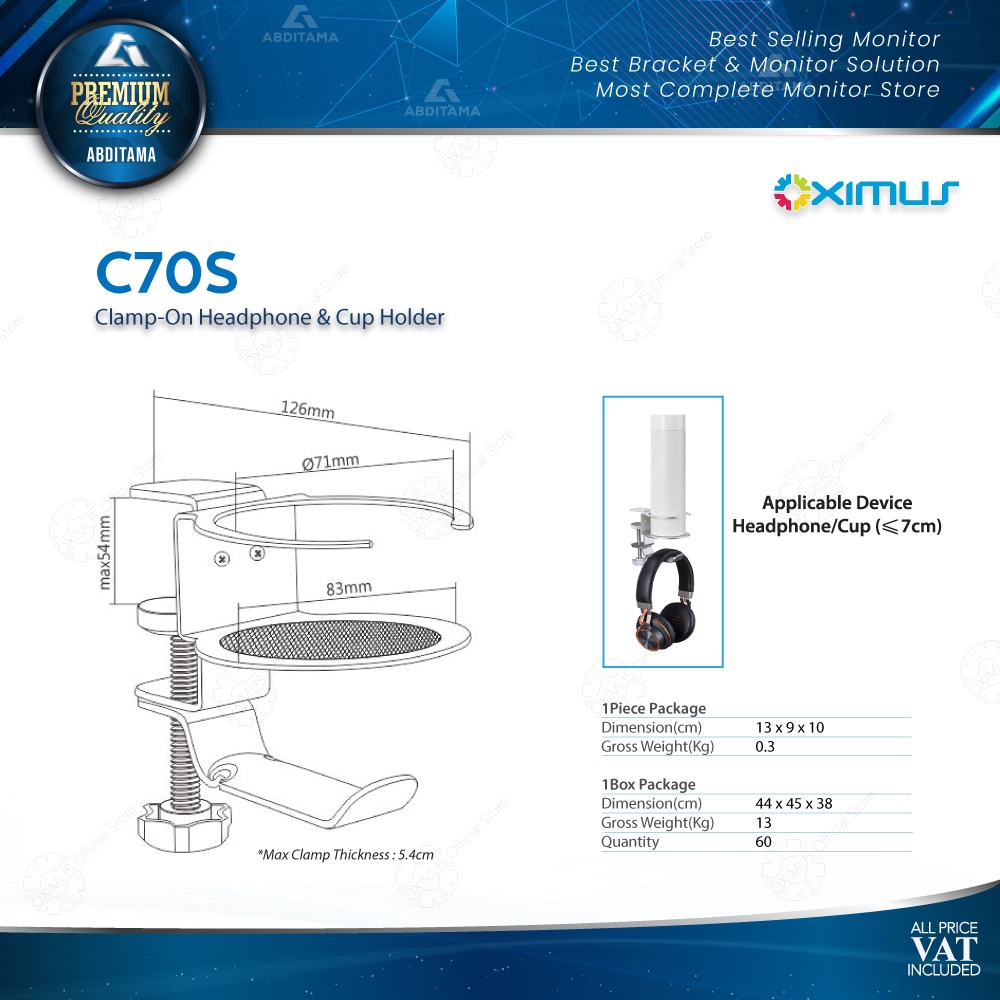 Headphone Hanger Glass Cup Holder Deskmount Jepit Meja OXIMUS C70S