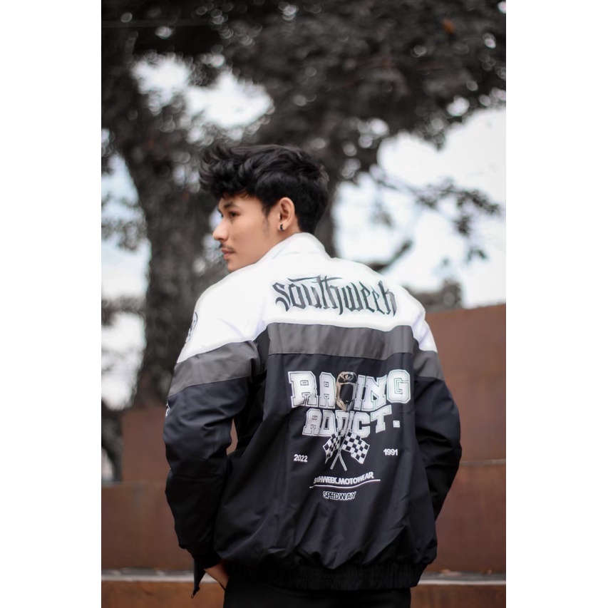 Southweek Jaket Pria Nascar Racing Vintage Sunmori Original Produk Parasut Hitam Putih Motif Sablon Bordir