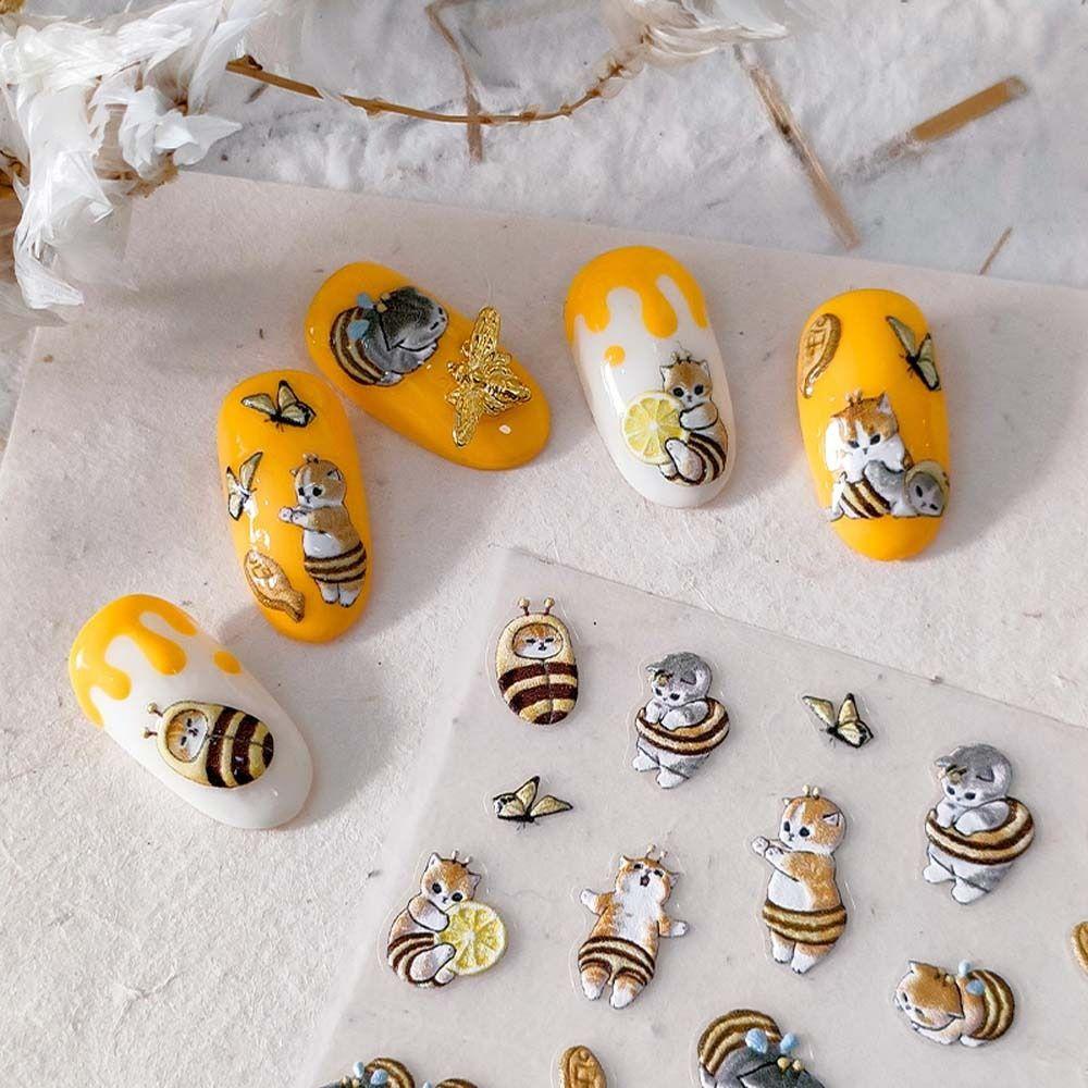 Mxbeauty Kartun Stiker Kuku 3D Relief Perekat Diri Kelinci Kucing Ikatan Simpul Manikur Aksesoris Nail Art Dekorasi