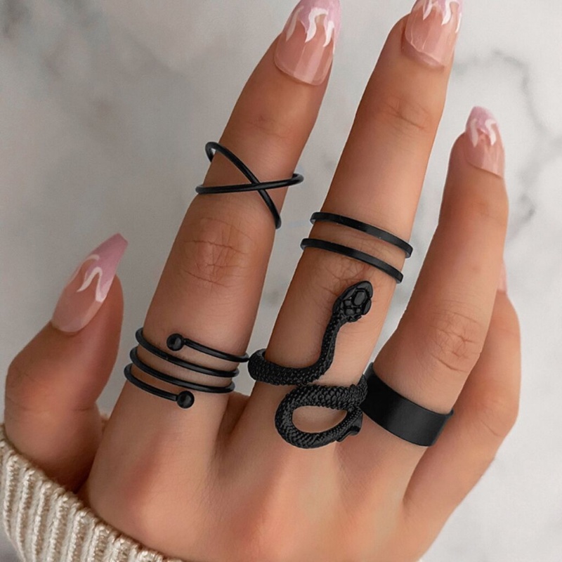 Set Cincin Jari Bentuk Ular Tidak Teratur Geometris Silang Helix Warna Hitam Dapat Disesuaikan Gaya Punk Vintage