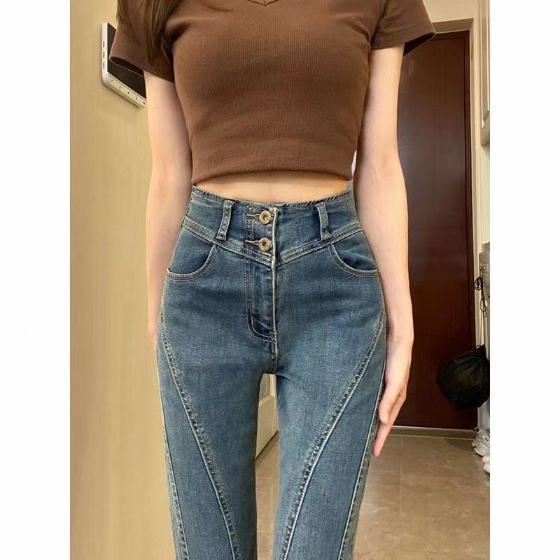 Suhao retro celana jeans berpinggang tinggi biru wanita awal musim gugur versi Korea baru dari semua pertandingan elastis slim slim hot girl micro-flared pants