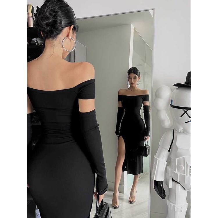 Suhao Gaya Eropa dan Amerika satu-leher keinginan murni gaun wanita 2022 musim panas gaya baru terkena celah pinggang hot girl slim celah tas pinggul rok