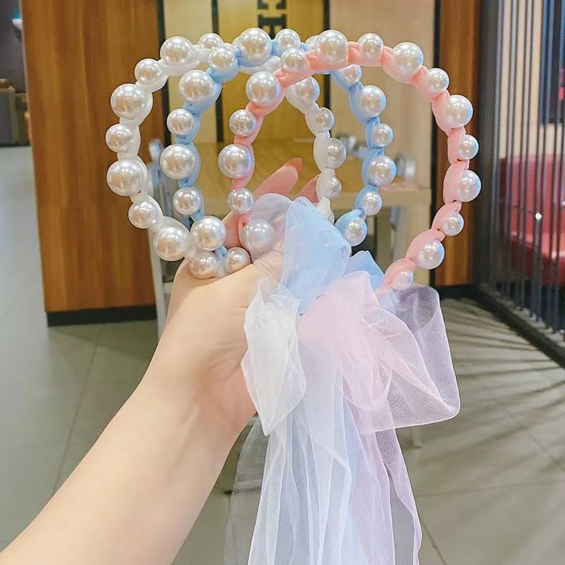 Bandana Mutiara Pita Tulle Panjang Bisa diikat Gaya Korea Bando