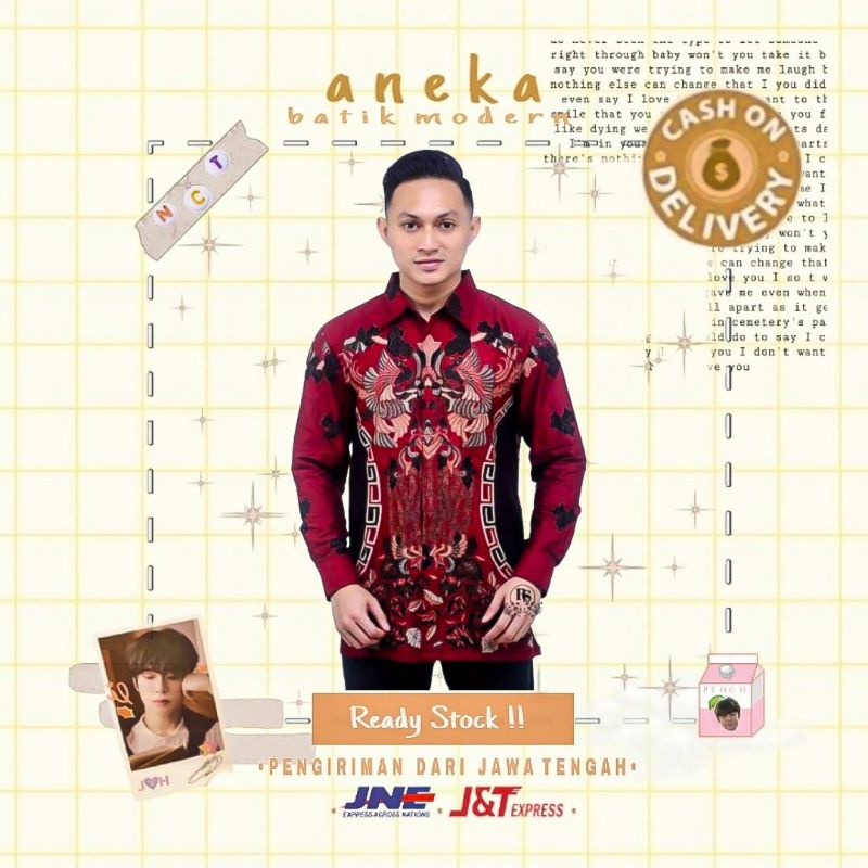 ATASAN KEMEJA BATIK HEM BATIK PRIA LENGAN PANJANG MERAH MAROON MARUN BIG SIZE JUMBO