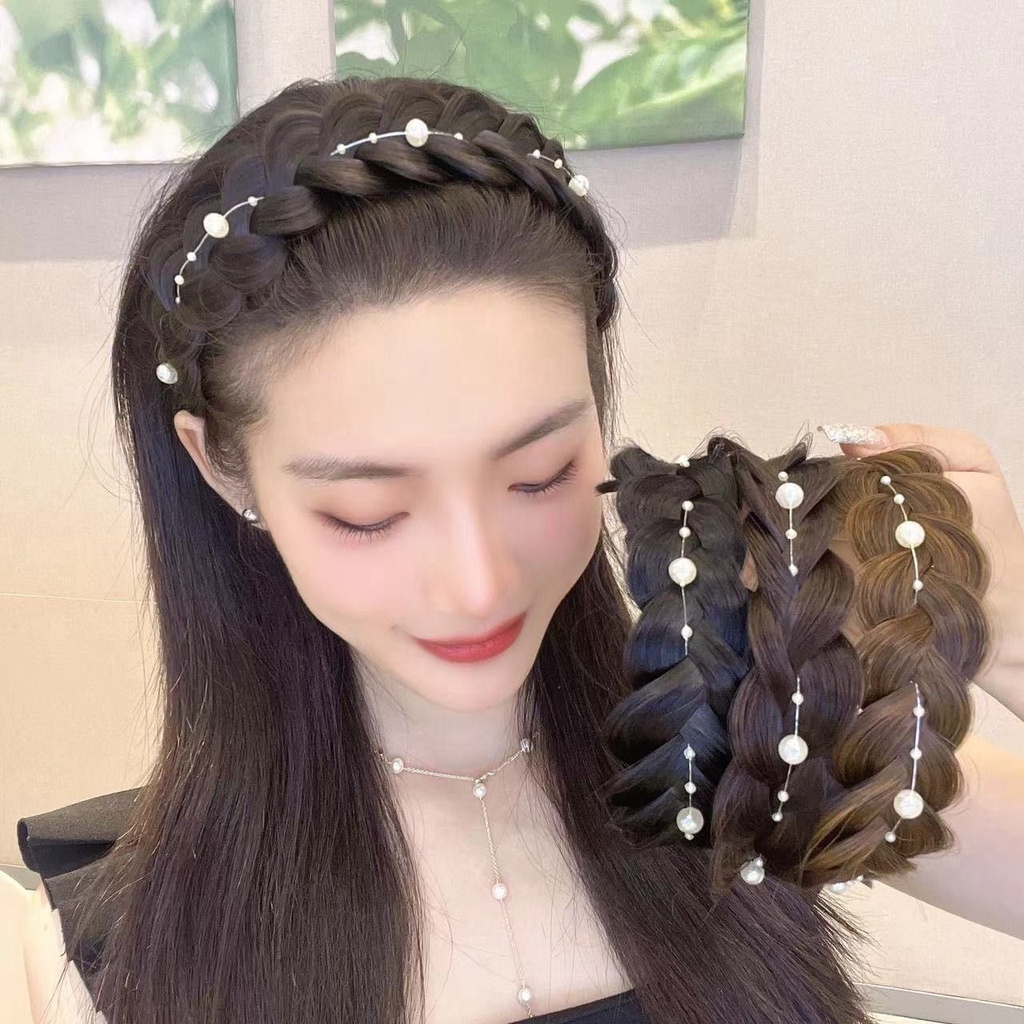 Bando Rambut Model Kepang Hias Mutiara Anti slip Untuk Wanita