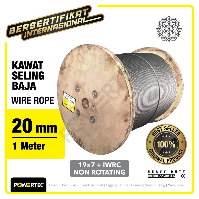 POWERTEC Wire Rope / Kawat Seling Baja 19x7 IWRC 20mm NR  - 1 Meter