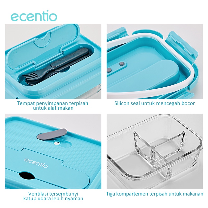 ecentio lunch box kaca 1040ml 3 grid biru kaca borosilicate berkualitas tinggi dan sendok/Free BPA