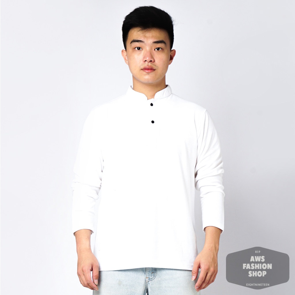 819 Kaos Polo Pria Polo Shirt Kerah Shanghai Lengan Panjang Warna Putih Kancing Hitam White Casual Tersedia Ready Sampai Size JUMBO BIG SIZE XXL XXXL