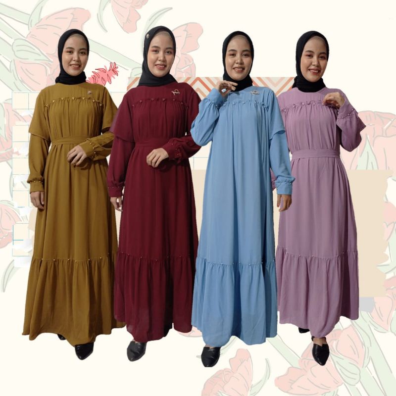 Zaja - Baju Gamis Ceruty Payet Cantik Bahu Tambahan &amp; Ikat Pinggang Lepas Yang Elegant Busana Muslim Perempuan Polos Mewah