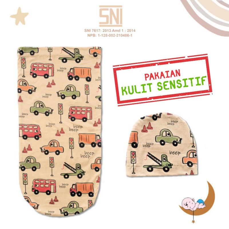 SNI [Perlengkapanbayimurah] Bedong Cocoon MOTIF Dita Moons Care Swaddle 1 lapis motif Bonus Bandana topi