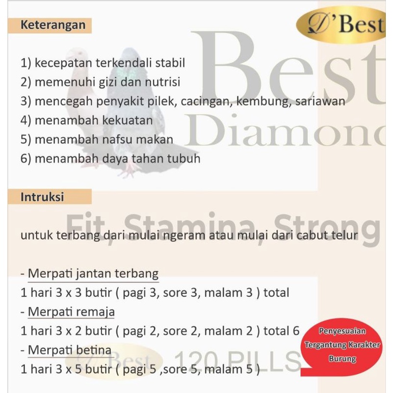 VITAMIN JAMU 120 PILLS DIAMOND BEST SUPLEMEN BURUNG MERPATI FIT TENAGA STABIL