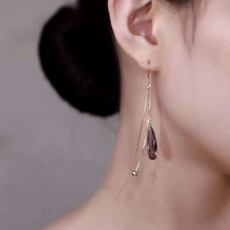 Anting Rumbai Panjang Liontin Amethyst Untuk Wanita