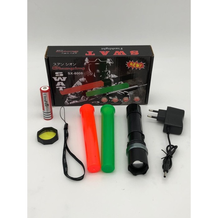 Paket Lengkap Senter Led Emergency Swat Police Cone Kompas SX 8008