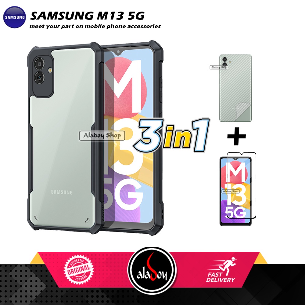 Case Samsung M13 5G Armor Fushion Transparent Casing + Tempered Glass Full Layar dan Skin Carbon