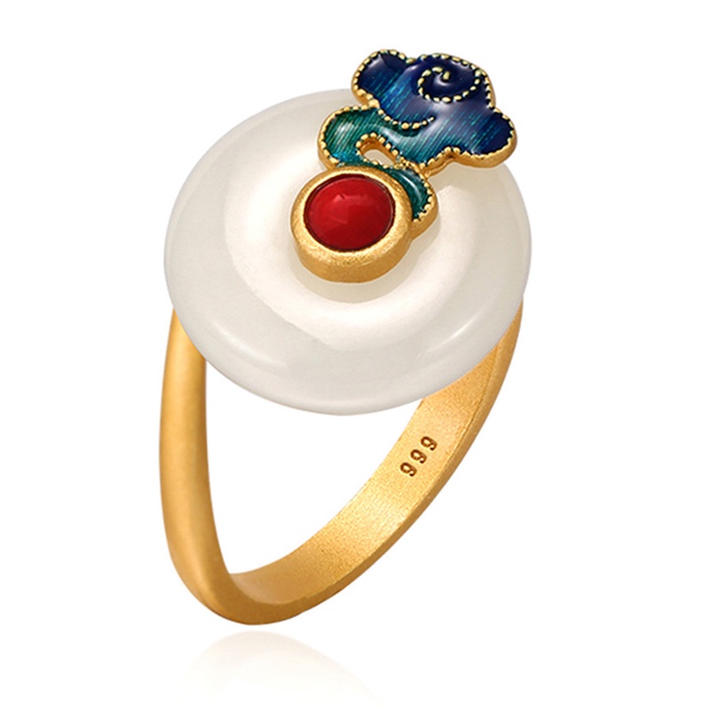 Fancyqube Cincin Giok Hetian Cloisonne Gaya Cina Kuno Untuk Aksesoris Perhiasan Wanita