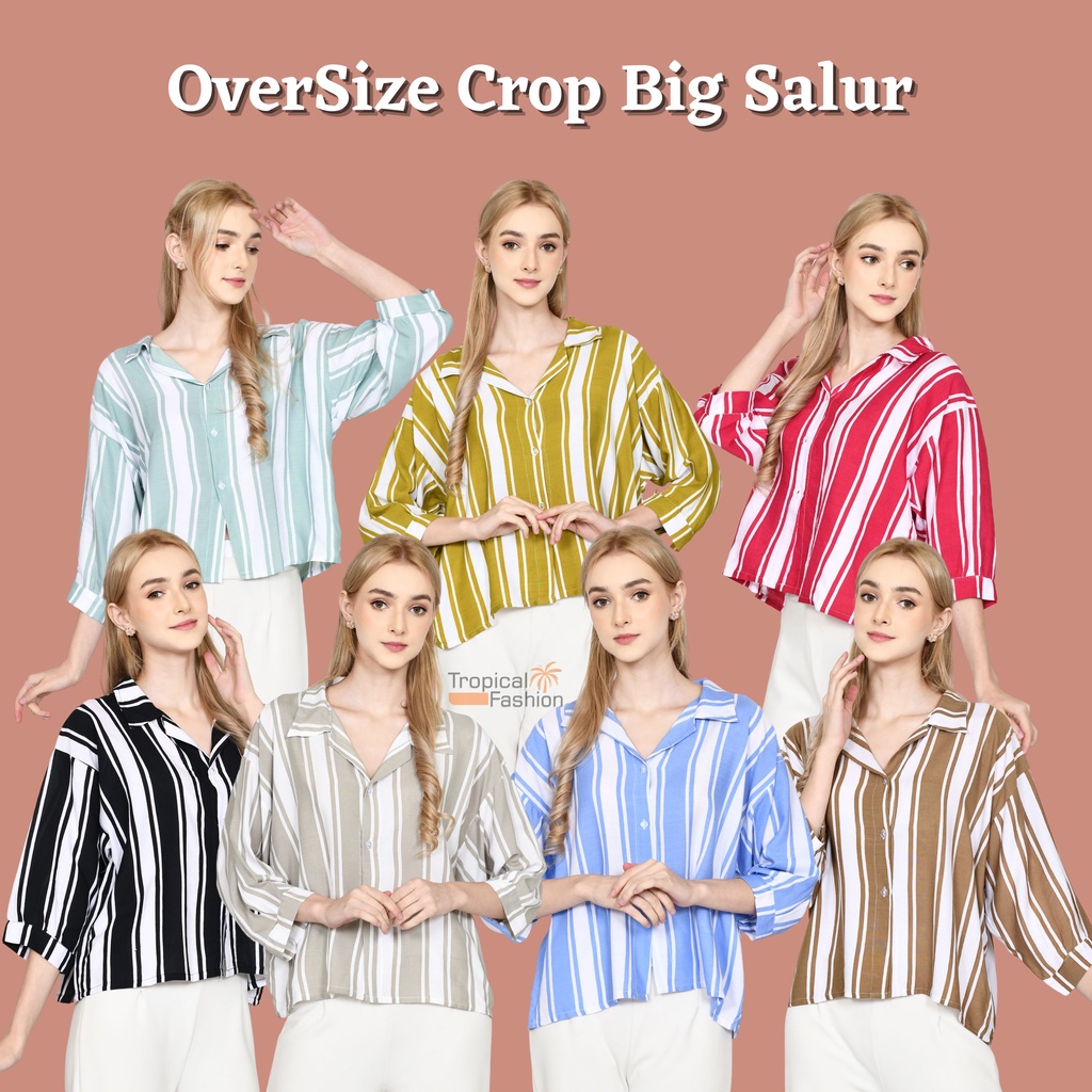 Kemeja Wanita OverSize Crop Motif BIG SALUR Garis Terbaru Kekinian l Cwek Style Korea