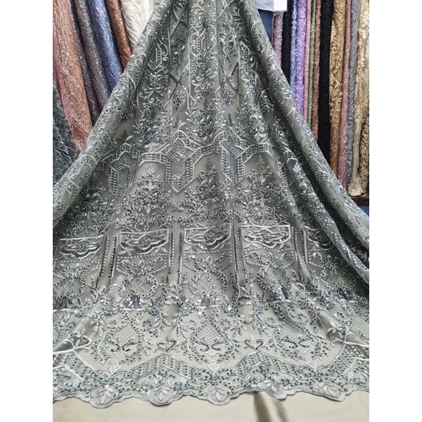 bahan tile payet korea kain kebaya pengantin gaun