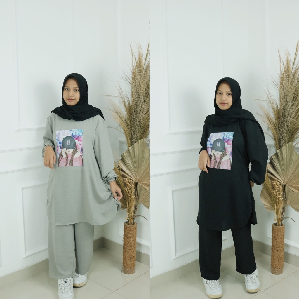 BTS SET BAHAN CRINKLE AIRFLOW JUMBO UKURAN M L XL DAN XXL MOTIF POLOS APLIKASI SABLON SETELAN WANITA KEKINIAN FASHION MUSLIM TERBARU 2022 ONE SET WANITA KOREAN STYLE ATASAN DAN BAWAHAN CASUAL WANITA SET SEHARI  HARI WANITA