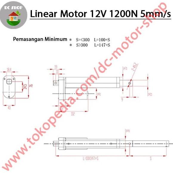 Linear Motor 300Mm 12V Dc 5Mm/S 1200N / 120Kg Linear/ Tubular Actuator