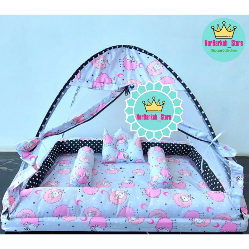 SET KASUR KOLAM TENDA MOTIF SHEEP DOMBA TOSKA PINK BABY  BIRU WARNA CEWEK BAYI USIA 0-3 BULAN BARU L