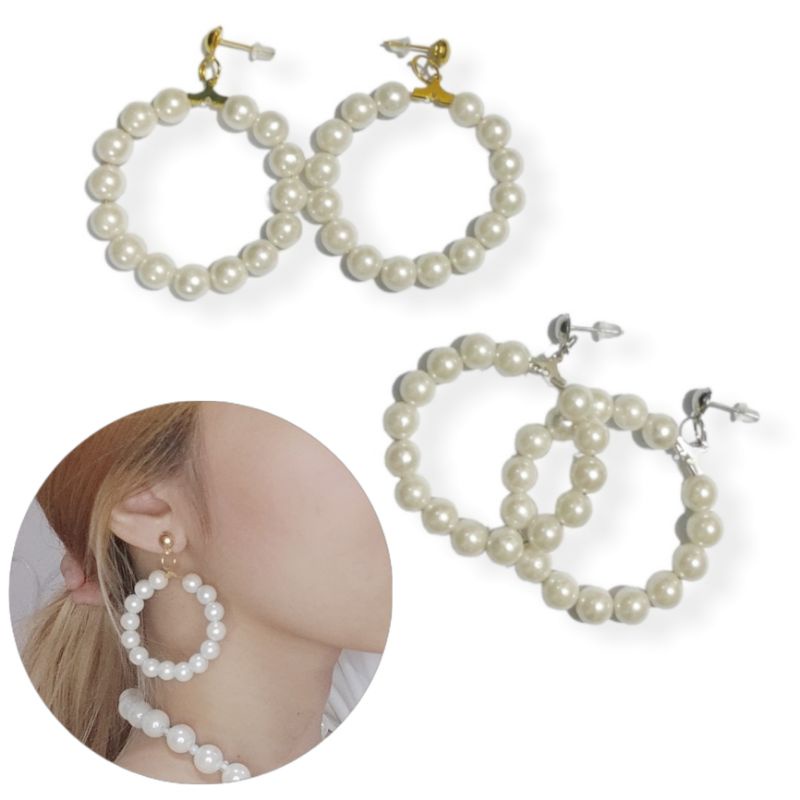 Veronica Pearl Hoops Stud Earrings Circle Anting Lingkaran Mutiara Tusuk Bulat Korean Style Gaya Korea
