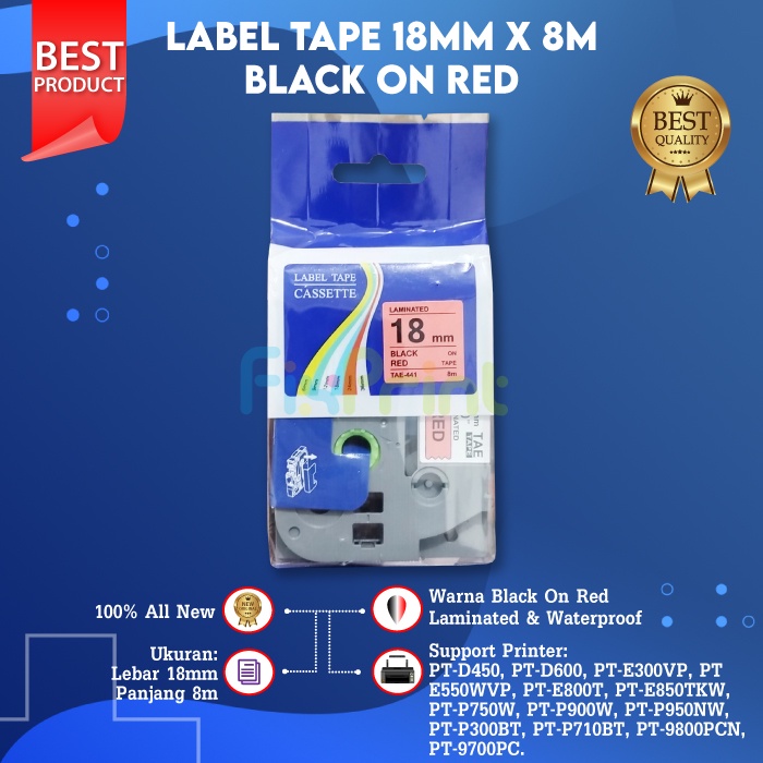 Label Cassette Printer Bro PT-D450 PT-E300VP PT-E800T, Tape Laminated TZE-441 18mm X 8m Black On Red