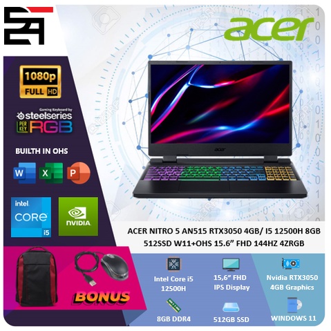 Acer Nitro 5 AN515 RTX3050-4GB i5 12500H 8GB 512GB SSD W11+OHS 15.6 Inchi FHD 144HZ TGP95