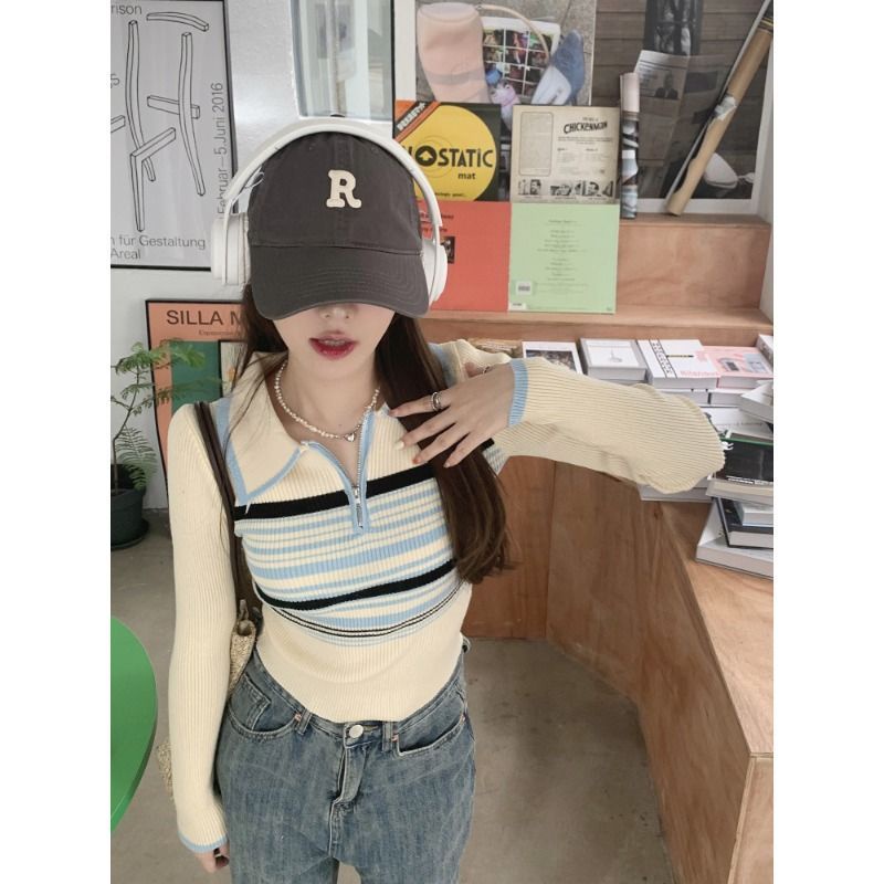 Red Korea Bergaris Polo Kerah Rajutan Sweater Wanita Musim Gugur Tipis Lengan Panjang Kemeja Bottoming Gaya Asing Pendek Niche Top Pakaian Dalam