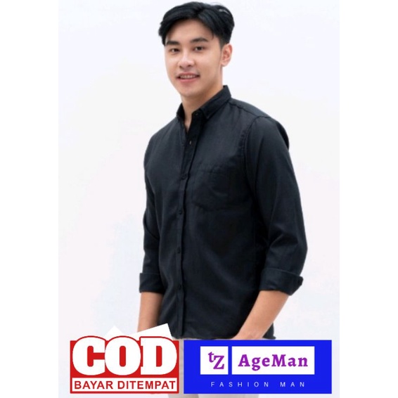 Kemeja Pria Basic Polos Panjang Hitam - Kemeja Pria Lengan Panjang - Basic Shirt Black - Kemeja Polo