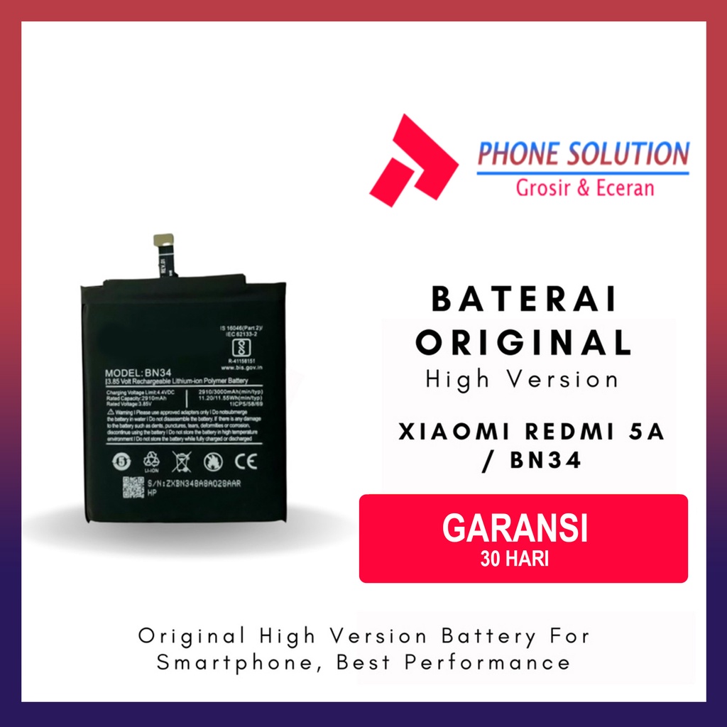 Baterai Xiaomi Redmi 5A / Baterai Xiaomi BN34 High Version // Supplier LCD Xiaomi - Garansi 1 Bulan