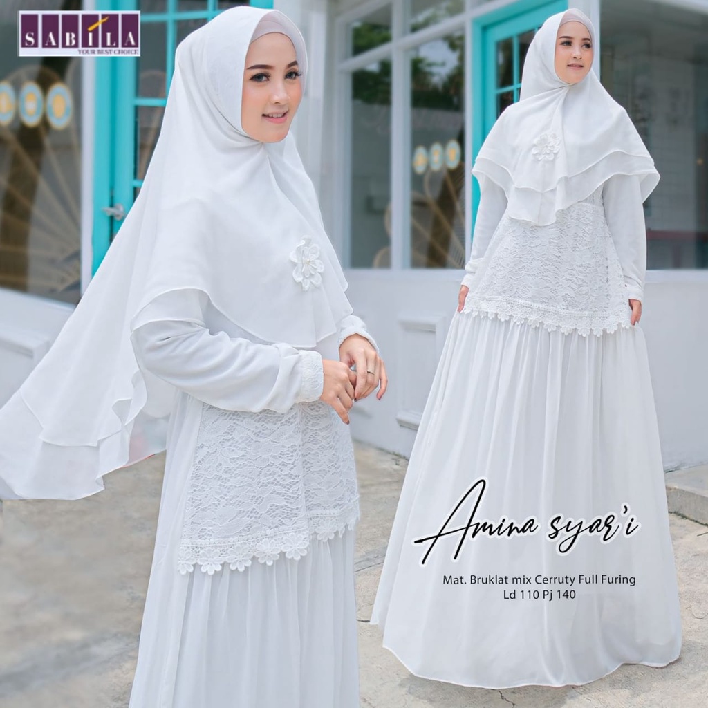 AMINA SYARI GAMIS WANITA MUSLIMAH WARNA PUTIH BERSIH LEBARAN 2022 MOTIF BUNGA TERBARU CANTIK LD 110 