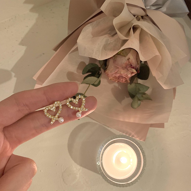 Roselife Anting Tusuk Gantung Wanita Desain Hati Hollow Hias Zircon + Mutiara Gaya Korea Untuk Hadiah