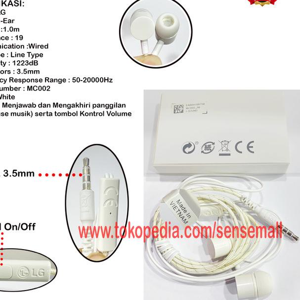 HANDSFREE EARPHONE HEANDSET LG V20 ORIGINAL 100% LG TUNED BY B&O PLAY - WHITE LG G5