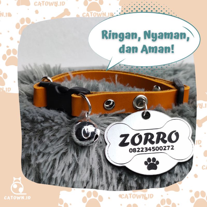 D004-Kalung Kucing Gratis Custom Nama Tulis Identitas No HP Tali Kulit Scotlet Collar Aksesoris Hewan Free Cetak Tulisan