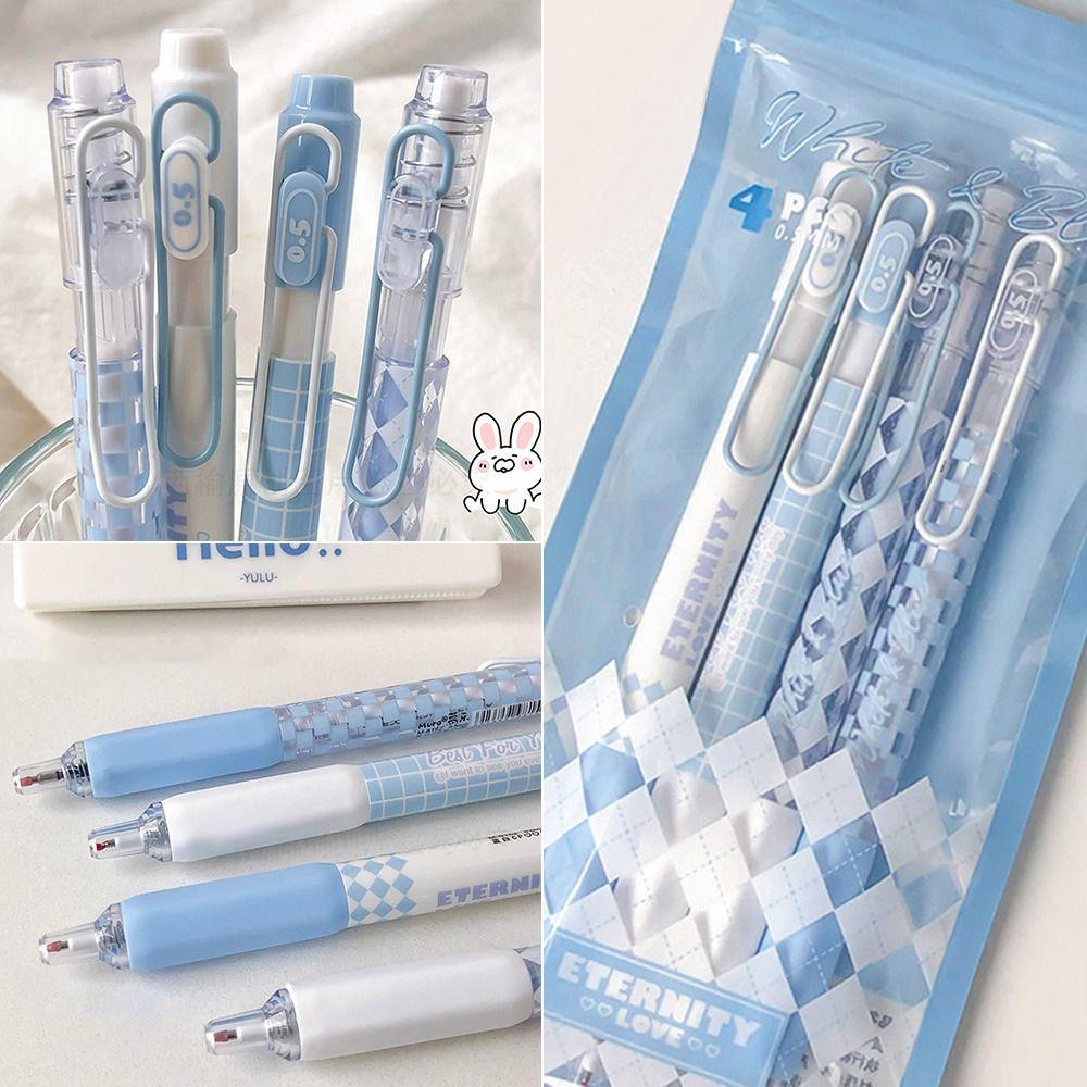 R-flower 4PCS/Set Pena Gel Perlengkapan Kantor Sekolah Kartun Dengan Klip Tinta Hitam Press Type Signature Pen