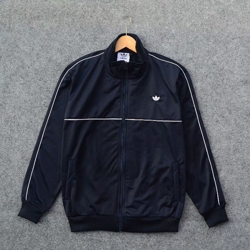 JAKET TRACKTOP ADIDAS - JAKET SPORT ADIDAS STRIPE TREFOIL MOTIF BORDIR WARNA HITAM BIRU NAVY BAHAN H
