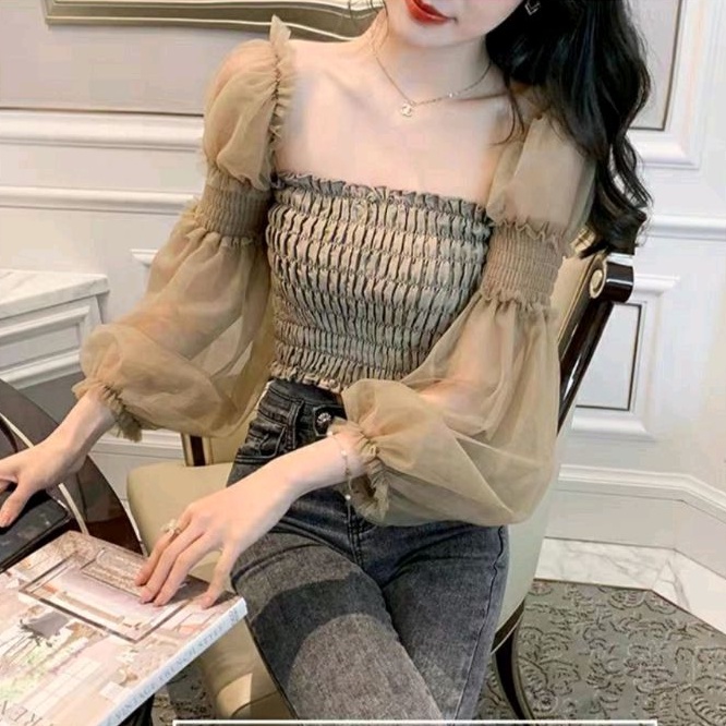 2987 Baju atasan blouse CROPPED SMOCKED crop top smock lengan baloon panjang Lace ala Korea Korean s